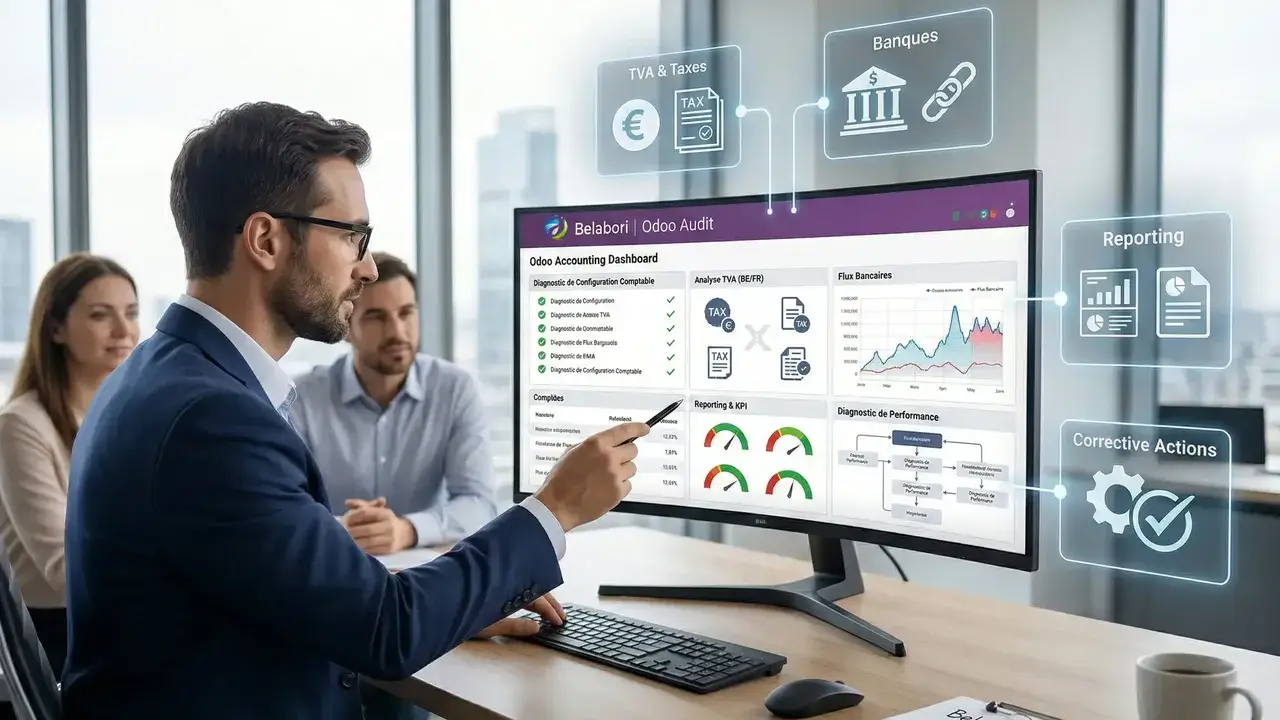 Audit de Production Comptable Odoo : diagnostic TVA, banques, reporting et actions correctives.