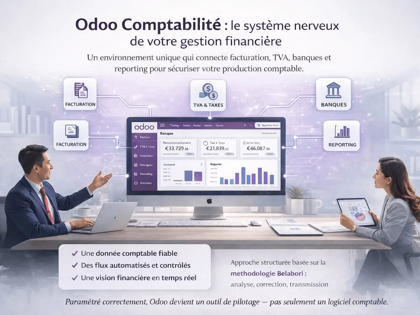 Illustration de la plateforme Odoo Comptabilité montrant la gestion TVA, rapprochements bancaires, facturation et automatisation des flux comptables