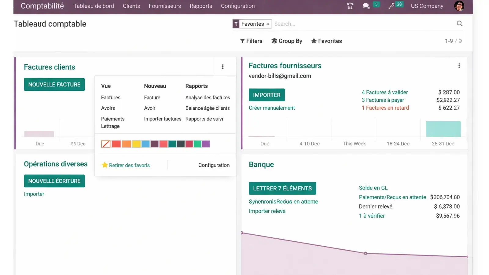 Interface Odoo Comptabilité : factures clients, fournisseurs et gestion bancaire