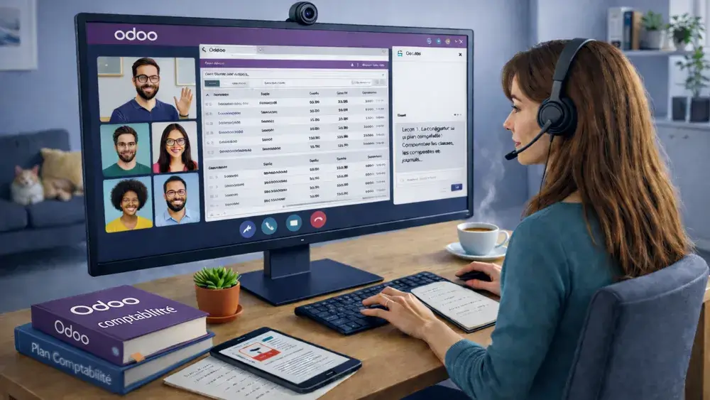 Formation Odoo comptabilité en visioconférence avec une utilisatrice travaillant sur écran.