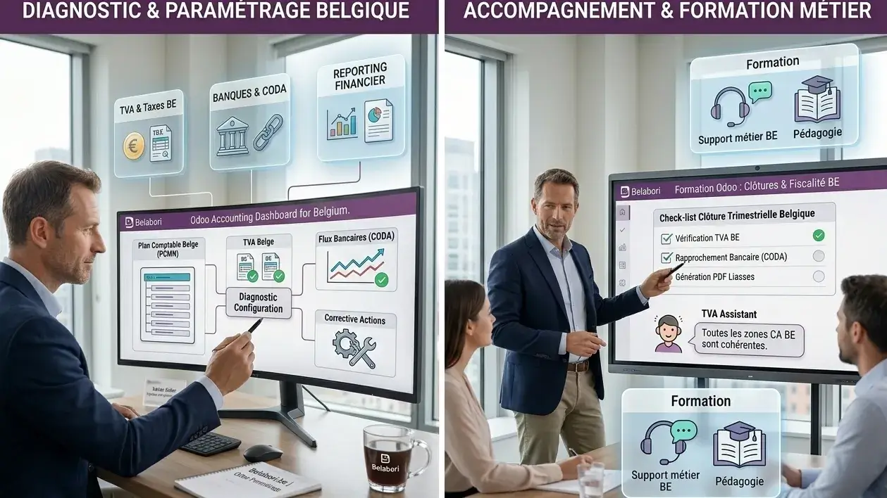 Expert Odoo Comptabilité Belgique : diagnostic du paramétrage, TVA belge, flux bancaires CODA et formation des équipes comptables