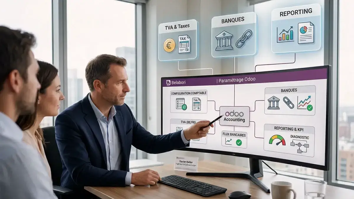 Consultant présentant le paramétrage Odoo Comptabilité en Belgique : TVA, banques et reporting structurés